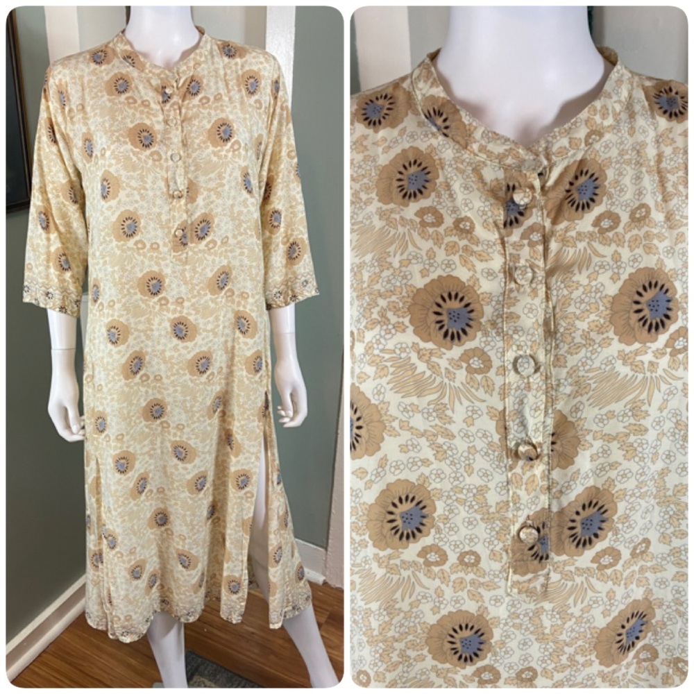 Natalie Martin Beige Sand “vintage” Flowers Floral Midi Caftan Dress Small S